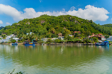 Houses on the river bank.The Kai River in Nha Trang in Vietnam. The urban landscape.
