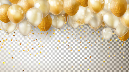 Golden and silver balloons with confetti isolated on transparent background. Vector illustration.
