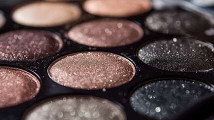 Close-up of glittering eyeshadow palette, ideal for beauty and fashion themes.