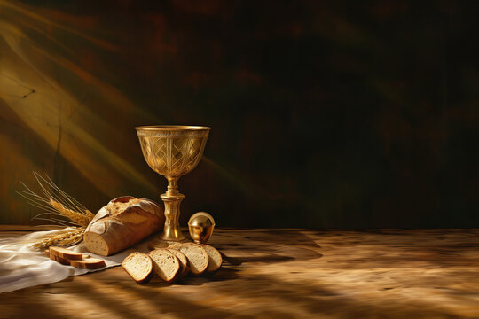 Communion chr&eacute;tienne, protestante ou catholique. Le pain est le corps du Christ, le vin le sang de J&eacute;sus.  Du pain, du vin dans un calice, et un ostensoir pour l'eucharistie, tissu blanc et &eacute;pi de bl&eacute;