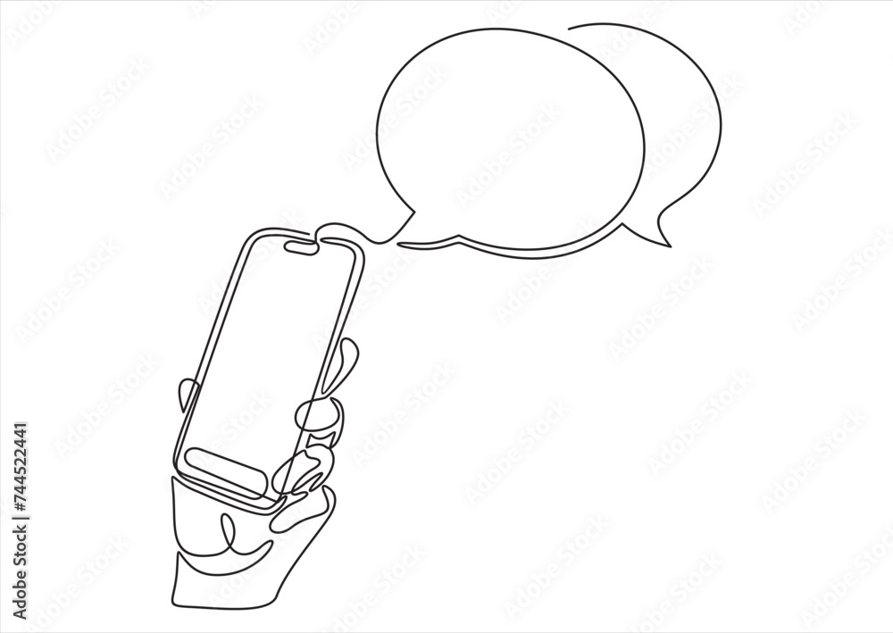 Poster hand holding phone with short messages, icons and emoticons. chatting with friends and sending new m