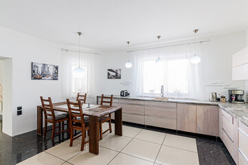 interior kitchen and dining room, refectory area, cooking equipment, table furniture, stove