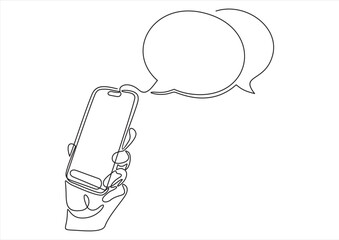 Hand holding phone with short messages, icons and emoticons. Chatting with friends and sending new messages. One Line Drawing.	