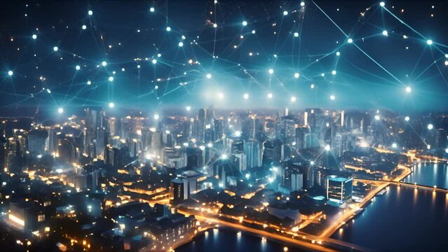 Smart city and wireless communication network concept. Digital network connection lines. Internet of Things and Information Communication Network.