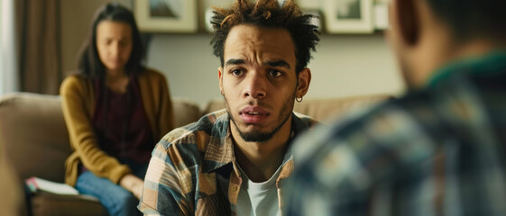 Focused man conversing seriously with blurred couple in the background.