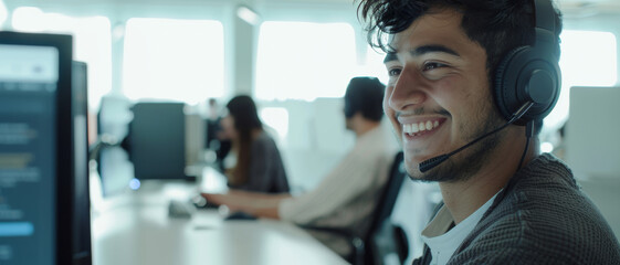Fototapeta premium Smiling customer support operator with headset, working in busy office environment.
