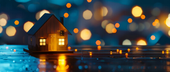 Cozy miniature house glowing warmly amidst a bokeh light dreamscape.