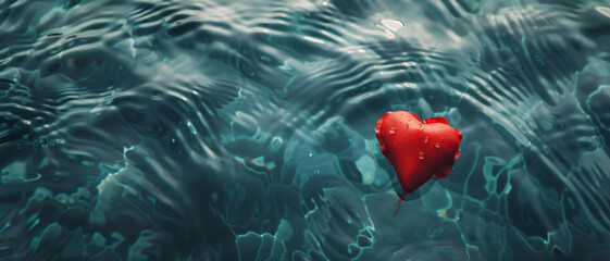 Heart-shaped balloon floating on serene water surface, symbolizing love and reflection.