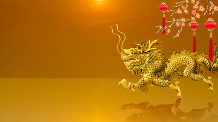 Golden Dragon on sunset background.