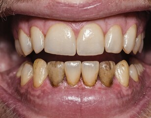 Obraz premium Teeth with a lot of tartar and plaque. Concept of unhealthy dirty teeth. Smoker's teeth