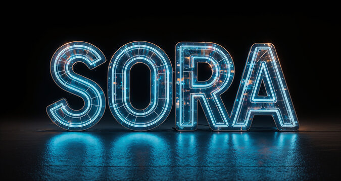 illuminated text "SORA" in blue and white neon lights against a dark background, which highlights the bright and shining letters.