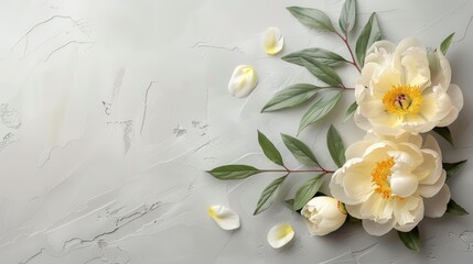 The background is decorated with gray. bright yellow peony light gray background