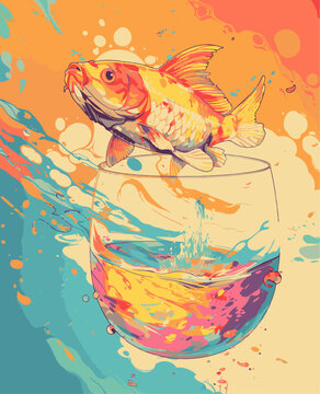 Vibrant Goldfish Jumping Over Splashing Water in Glass Bowl © Infini Craft