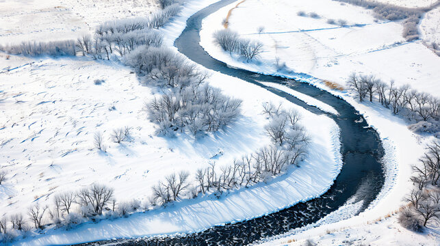 Aerial view of a meandering river through a snowy landscape.