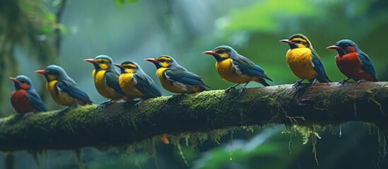 a group of beautiful birds perched neatly in a row on a tree trunk