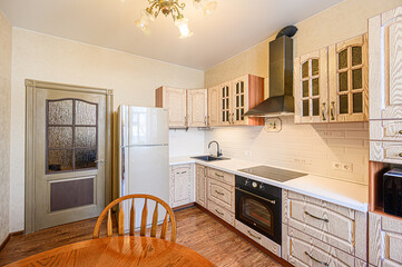 interior kitchen and dining room, refectory area, cooking equipment, table furniture, stove