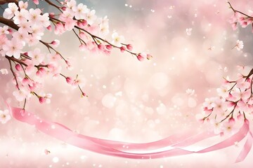 Obraz na płótnie Canvas Spring cherry blossom wedding background with floating ribbons