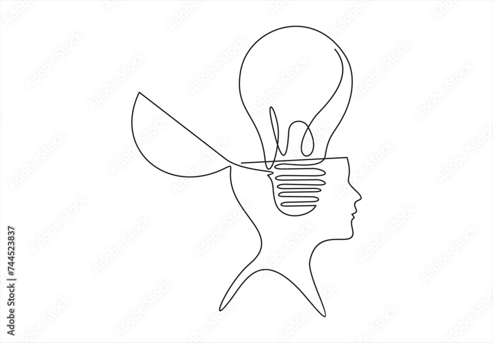 Poster continuous one drawn line of a man thinking with light bulb in front of his head. allegory of soluti