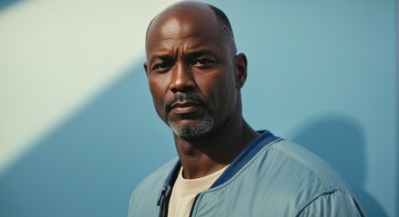 Portrait bald african man athletic, in blue background
