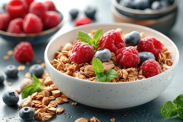Desayuno ecologico sano y saludable frutos rojos y cereales en cuenco