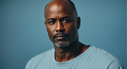 Portrait bald african man athletic, in blue background