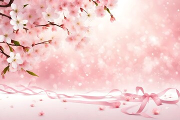 Fototapeta na wymiar Spring cherry blossom wedding background with floating ribbons