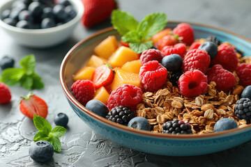 Desayuno ecologico sano y saludable frutos rojos y cereales en cuenco - obrazy, fototapety, plakaty