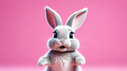 Fototapeta premium Cartoon cute bunny dancing on pink background with copy space. Happy easter