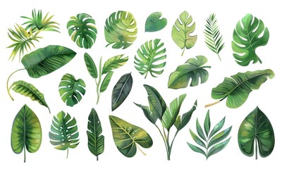 Set of Tropical leaves isolated on white background. green monstera leaf and tropical plant leaf isolated  vibrant colors on white background for design elements