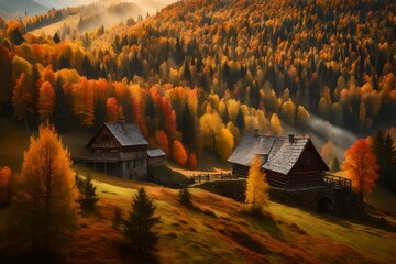 Colorful autumn landscape in the mountain village. Foggy morning in the Carpathian mountains - obrazy, fototapety, plakaty