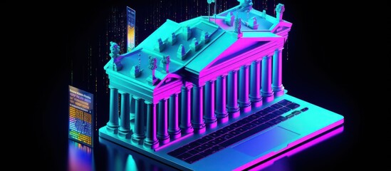Isometric bank building. Neon light mobile banking concept