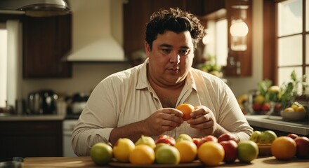 Fat white man eating fruit in home kitchen background