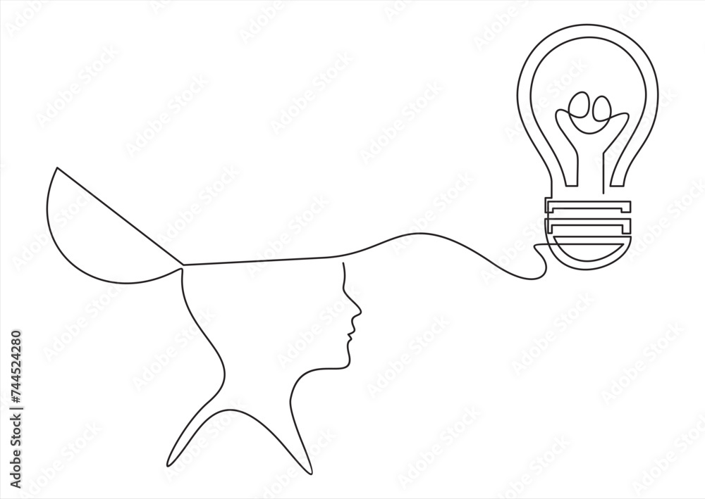 Poster continuous one drawn line of a man thinking with light bulb in front of his head. allegory of soluti