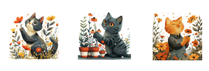 Master Gardener Cat Tending Flowers, Botanical Expert Feline Vector Illustration animal character vector illustration set