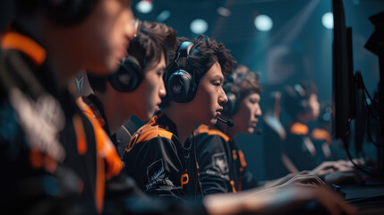 A team of focused esports gamers competes in a tournament while wearing headsets and team jerseys.