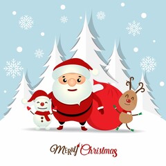 Fototapeta na wymiar Christmas Greeting Card With Christmas Santa Claus Snowman Reindeer Vector Illustration