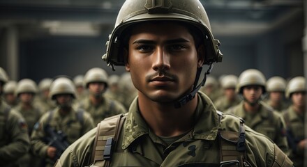 Male soldier in military uniform with a helmet