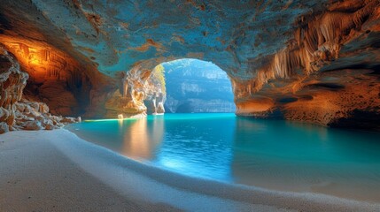 Blue clear lake in a cave