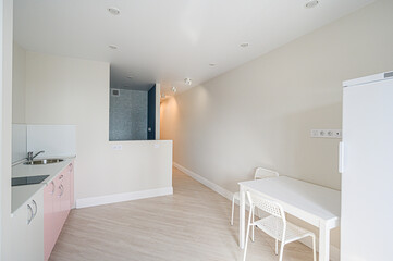 interior kitchen and dining room, refectory area, cooking equipment, table furniture, stove