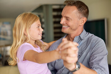 Daughter, step dad and dance for bonding, family and home with smile and playtime with hug. Father,...