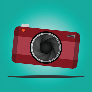 red camera in a flat style on a colored background. Old camera.