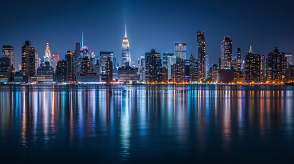 Naklejka premium Metropolitan Nightscape: City Skyline Illuminated with Reflective Waters at Night, High-Resolution Photography