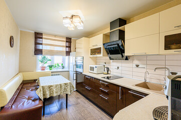interior kitchen and dining room, refectory area, cooking equipment, table furniture, stove