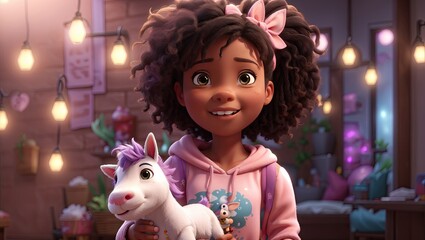 Adorable 3D and Digital Renderings of a Cute African American Girl with a Stuffed Unicorn