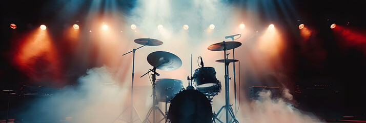 Live drum on stage with spotlights illuminating smoke music and concert background. silhouette concept - obrazy, fototapety, plakaty