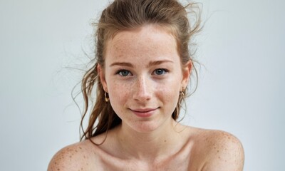 Studio shot of a beautiful young happy woman with a lot of freckles, curly ginger hair, brown big...