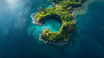 Aerial view of a volcanic island surrounded by turquoise waters. - obrazy, fototapety, plakaty