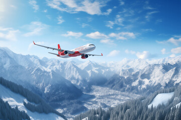Fototapeta na wymiar Travel to winter ski resort by plane, concept, panoramic view, generated by AI