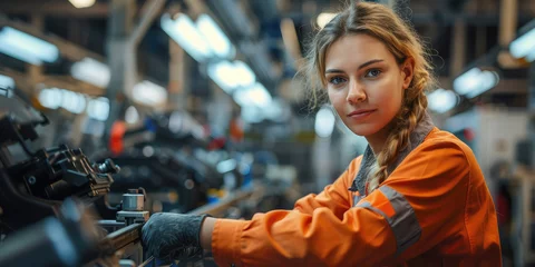 Fotobehang A confident female mechanic in an orange jumpsuit works on machinery in an industrial factory. © Александр Марченко