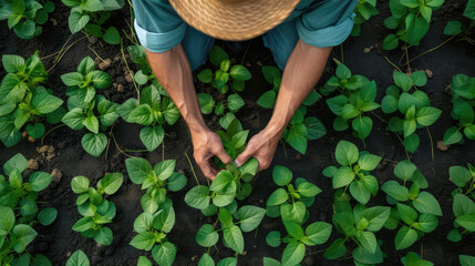 Top view of a gardener tending to young soybean plants in a lush field, wearing a straw hat.
